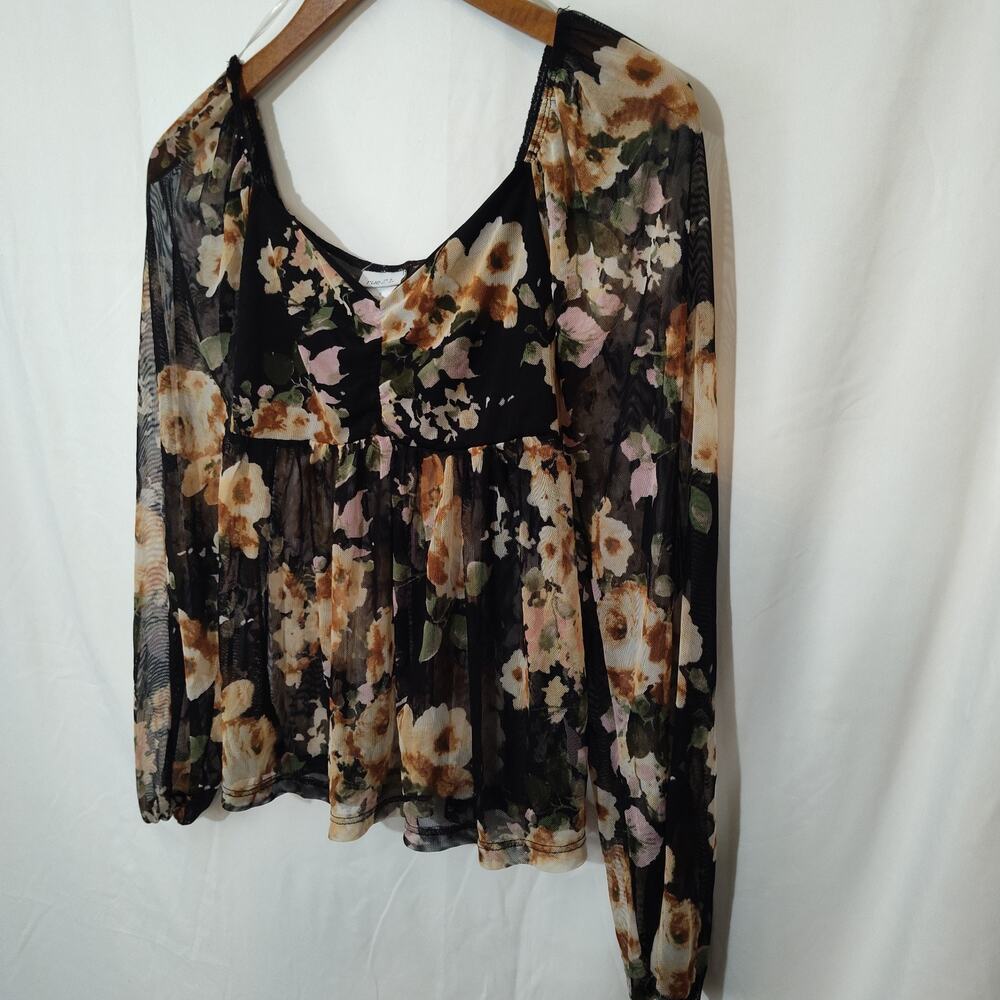Vintage Y2K RUE 21 Long Sleeve Sheer Top Black Floral Whimsy Goth Womens Small